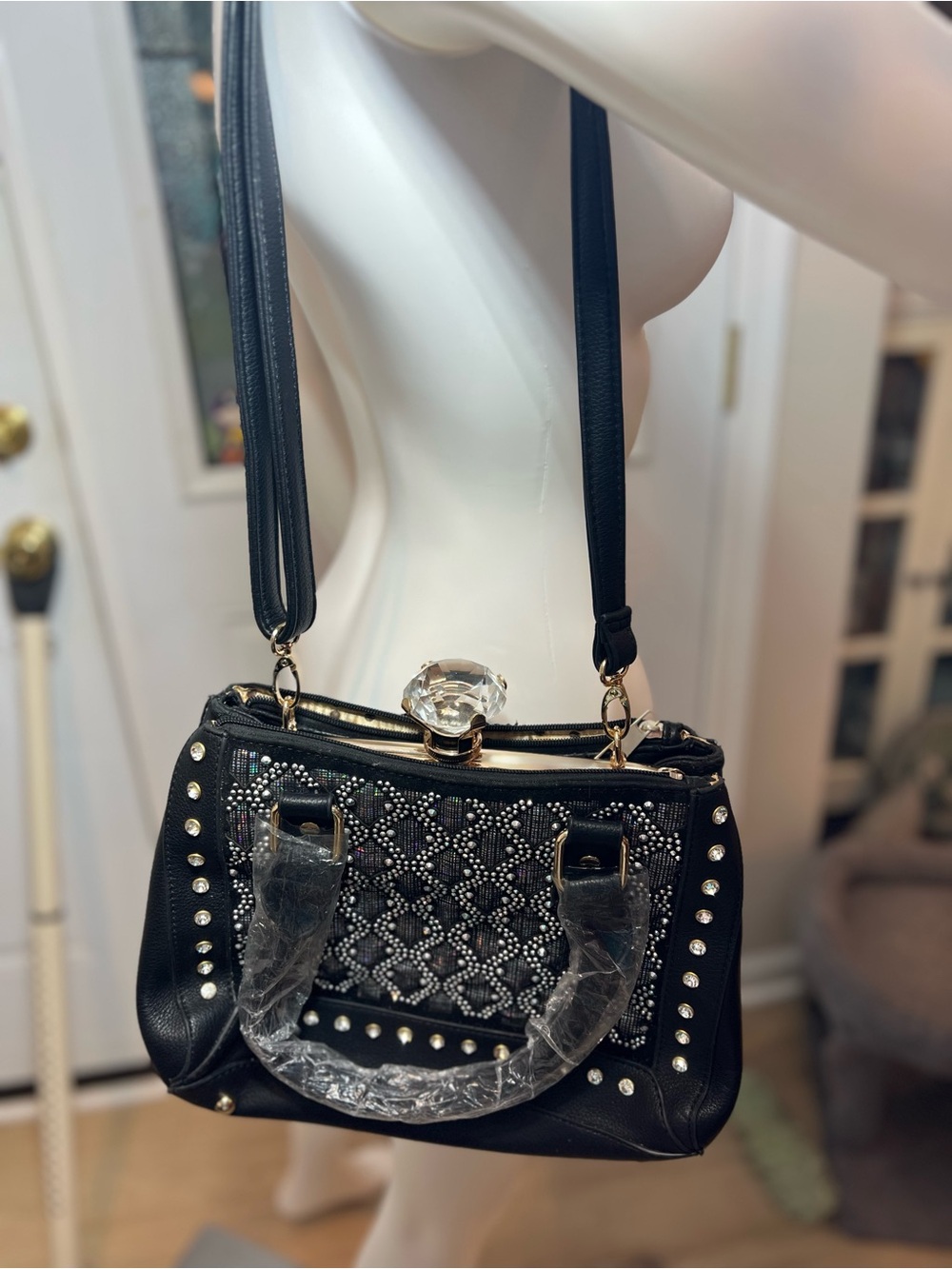 Black Embellished Crossbody Bag with Crystal Clasp see Callout